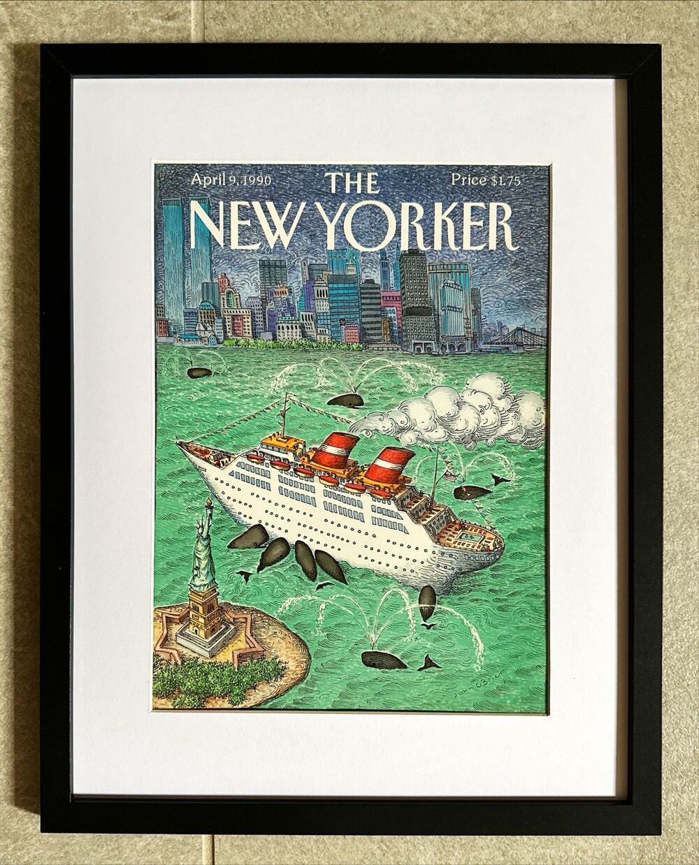 Framed 1990 New Yorker Magazine April 9 O'Brien Cruise Ship Whales NYC Harbor
